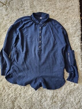 Free People Women's Navy Blue Zip-Detail Waffle Knit Pullover